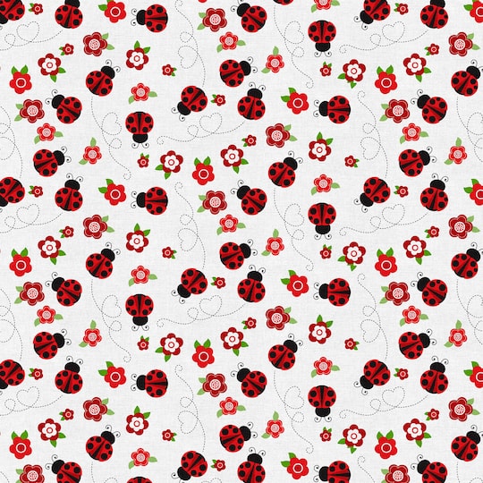 Fabric Editions White Ladybug Journey Cotton Fabric